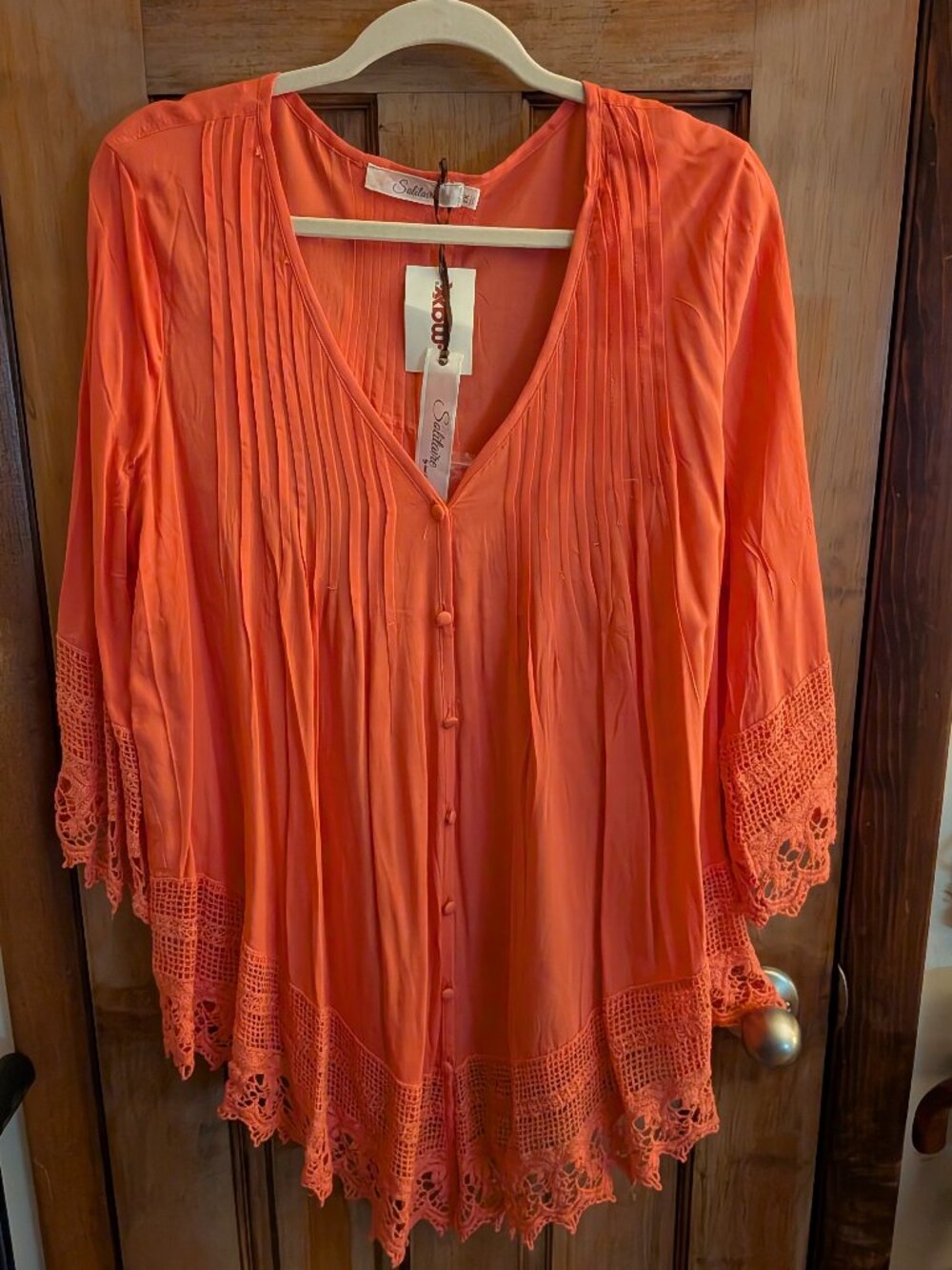 Peachy/Orange 2X Plus Size V-Neck Blouse with three-quarter Sleeves - Solitaire